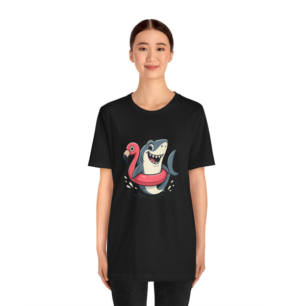 Black T-shirt with shark and flamingo floatie front graphic, crew neck
