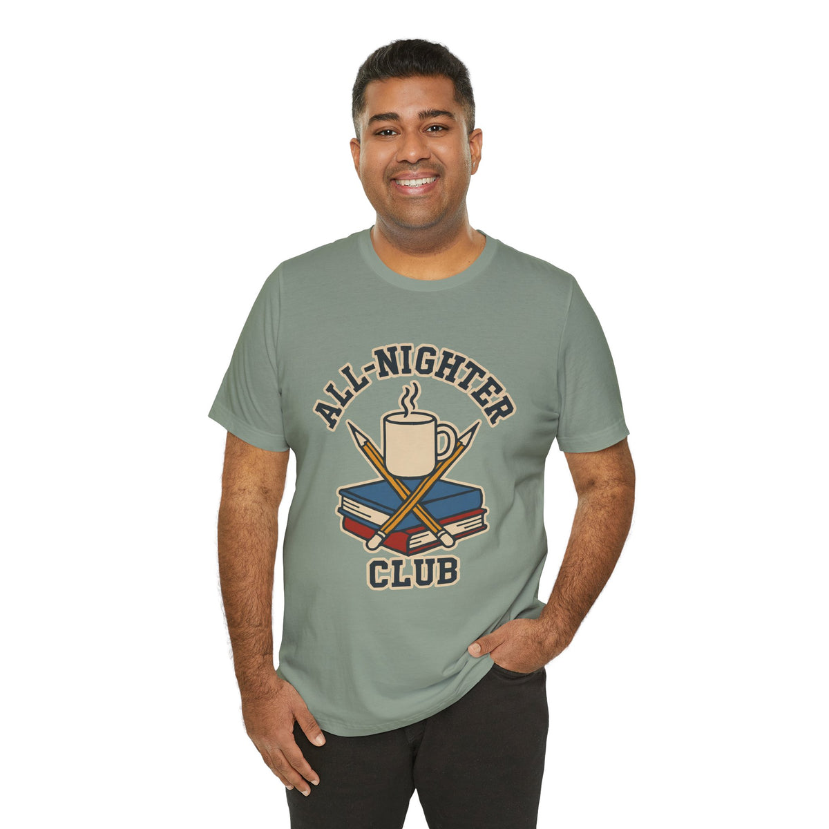 Sage green crew-neck T-shirt with All-Nighter Club trophy graphic, front view