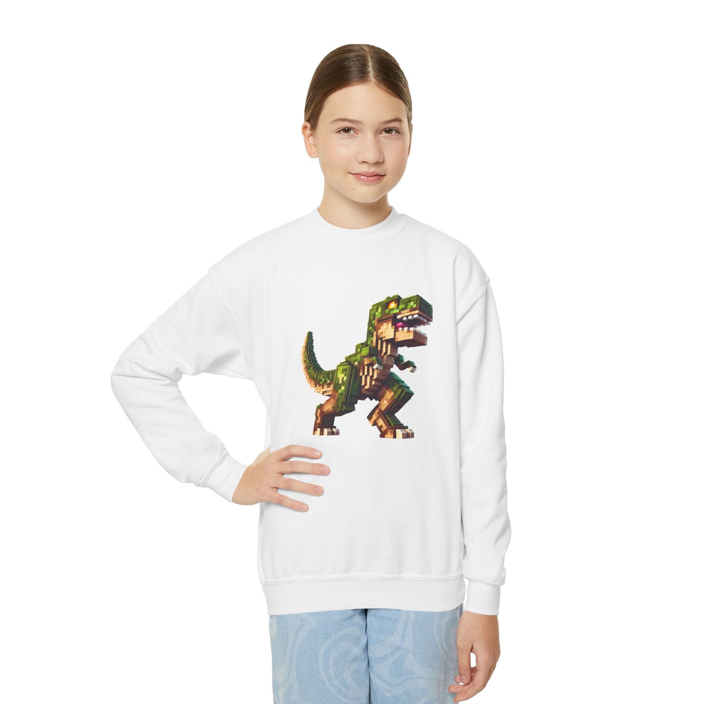 Pixel Dinosaur Youth Sweatshirt – Retro Pixel T-Rex Gamer Hoodie