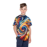 Kids' short-sleeve crew neck tee with all-over rainbow vortex swirl pattern