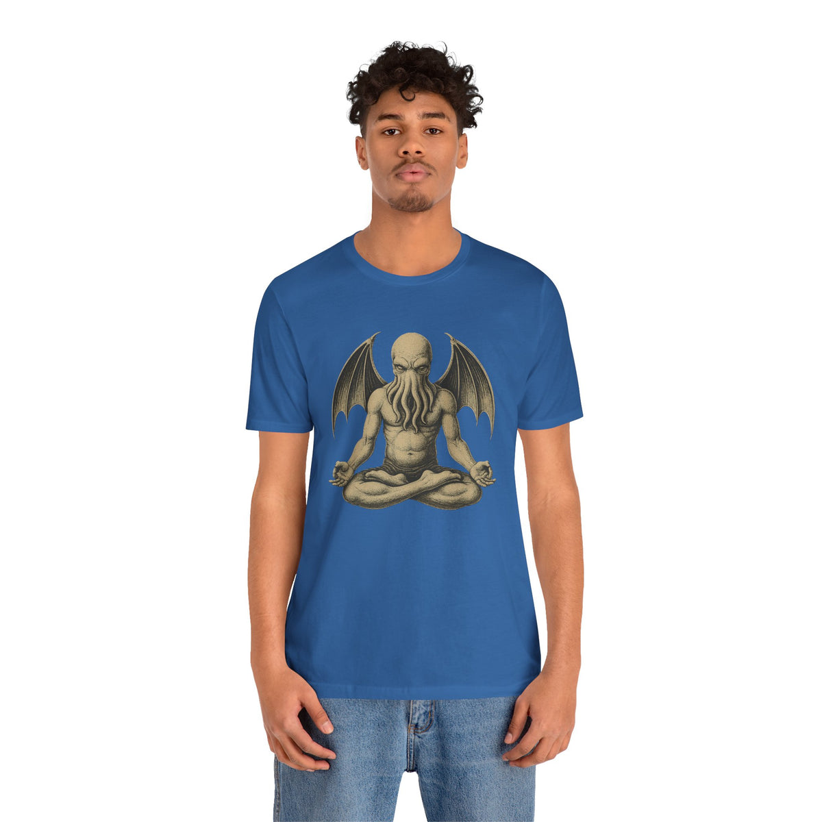 Blue unisex graphic T-shirt with meditating monster print; crew neck, short sleeves