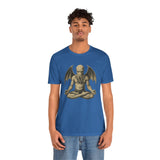 Blue unisex graphic T-shirt with meditating monster print; crew neck, short sleeves