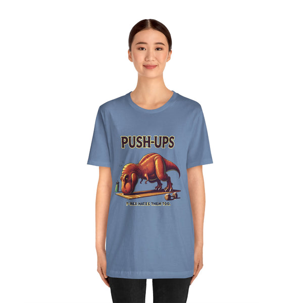 Blue crew-neck T-shirt with 'PUSH-UPS' T-Rex graphic, worn front view