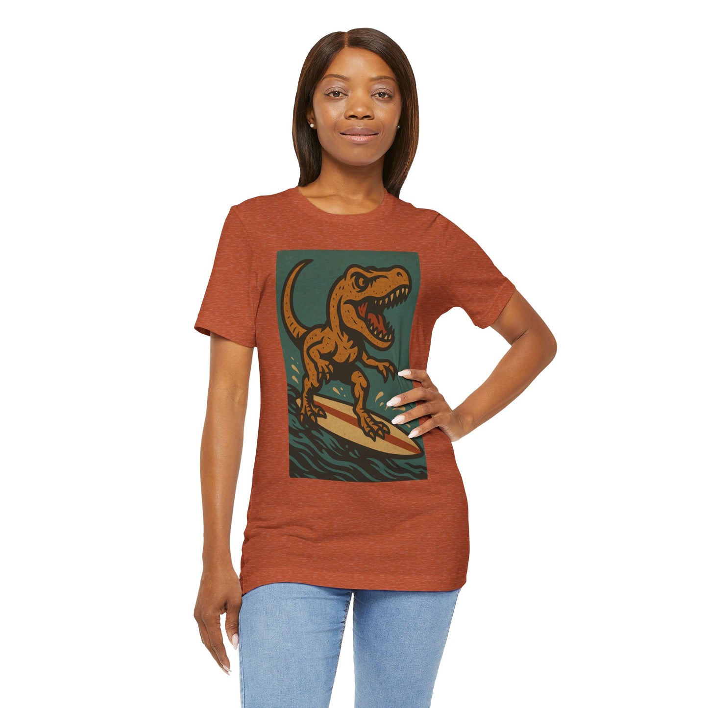 Surfing T-Rex T-Shirt – Funny Dinosaur Graphic Tee for Summer Vibes - WhimSpin - https://whimspin.com