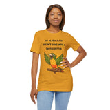 Mustard parrot alarm t-shirt with bold text 