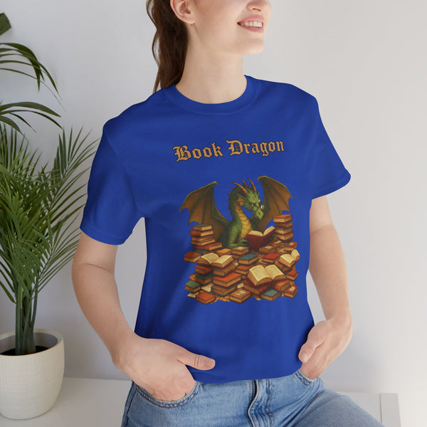 Royal blue t-shirt with “Book Dragon” text and dragon over books graphic, side view