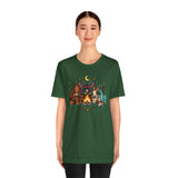 Dark green crewneck T-shirt with colorful campfire cryptid graphic on the chest