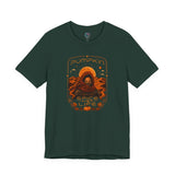 Forest green graphic T-shirt with orange “Pumpkin” sci-fi spice face print on chest