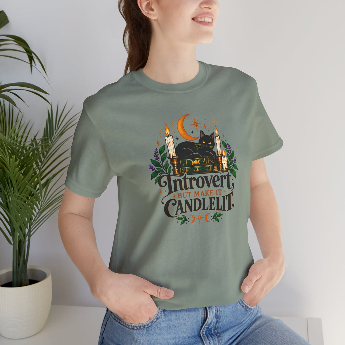 Introvert But Make It Candlelit T-shirt - Witchy Bookish Cat Tee