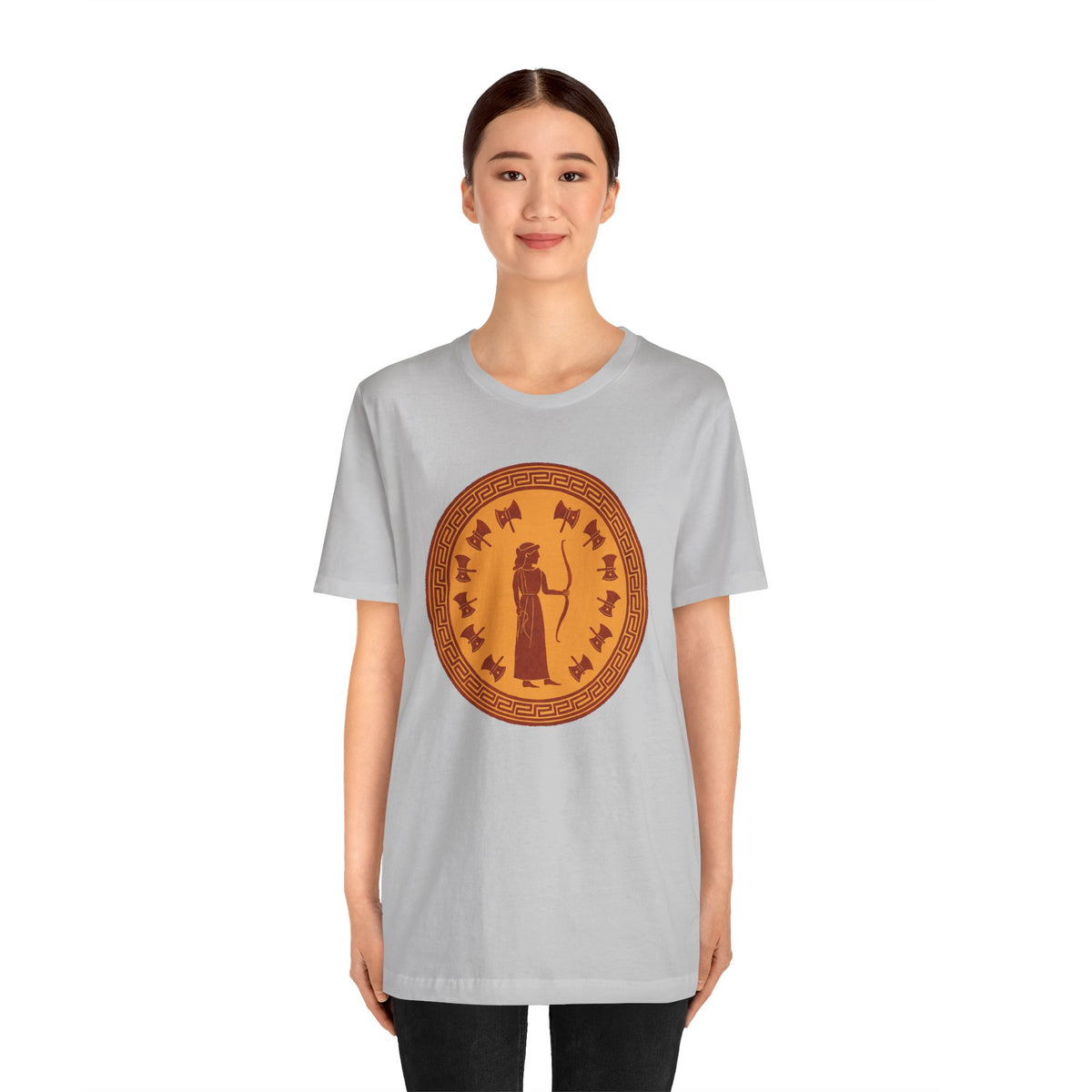 Heather gray crewneck T-shirt with orange circular myth figure graphic on the chest