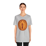 Heather gray crewneck T-shirt with orange circular myth figure graphic on the chest