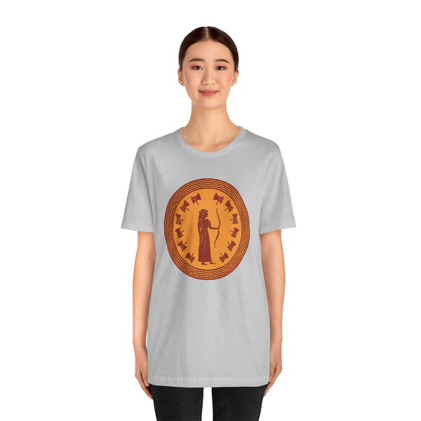 Heather gray crewneck T-shirt with orange circular myth figure graphic on the chest