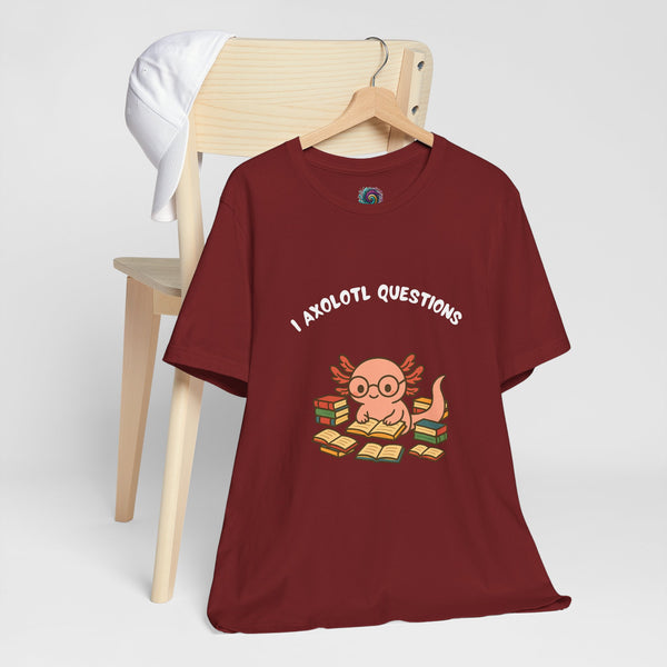 Burgundy t-shirt with axolotl reading books graphic and "Axolotl Questions" text