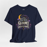 Crewneck T-shirt in navy with colorful goth cat, moon, and purple decorative graphic