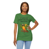 Green parrot alarm graphic T-shirt with “snooze button” text, crew neck.