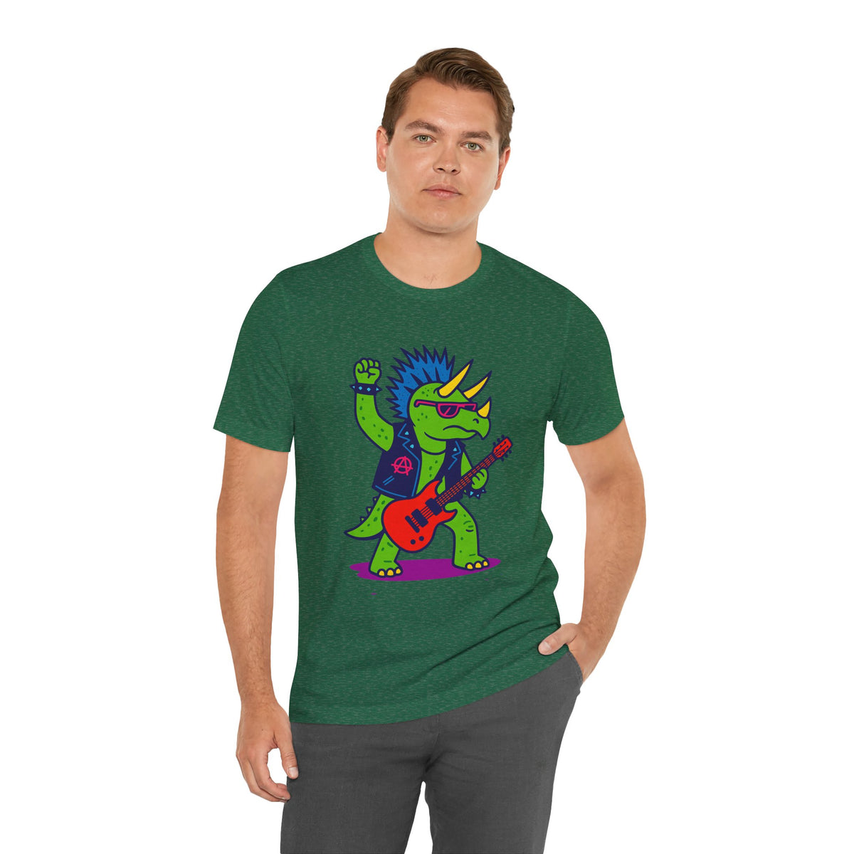 Green crew-neck graphic t-shirt with punk triceratops playing red guitar