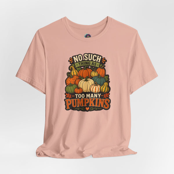 Blush pink crew-neck t-shirt with colorful pumpkin graphic on the front