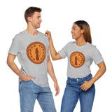 Pair of heather gray crewneck T-shirts with orange circular myth graphic on the chest