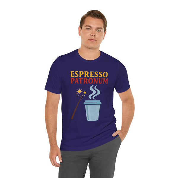Navy crew-neck t-shirt with “ESPRESSO PATRONUM” and colorful coffee cup print
