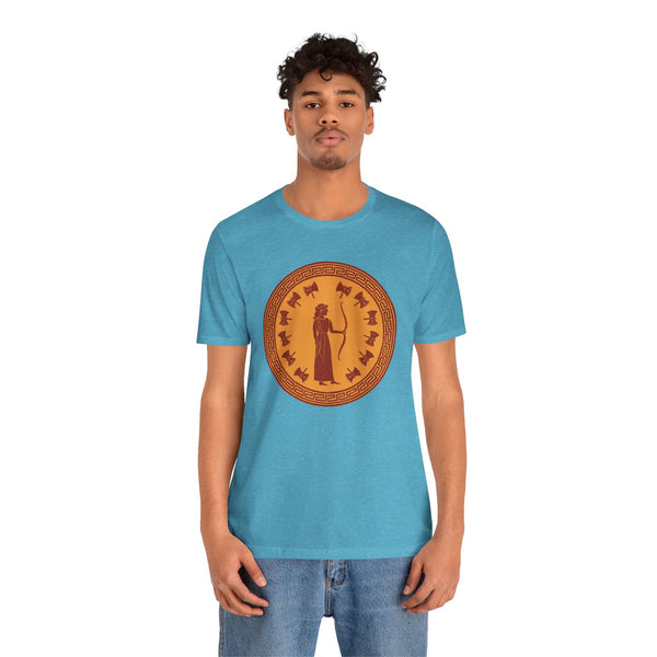 Light blue crewneck T-shirt with orange circular Greek-style goddess graphic, front view