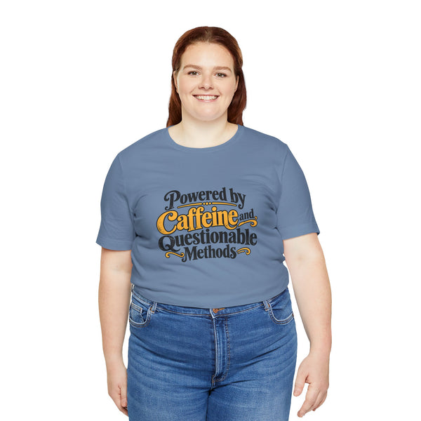 Blue crewneck T-shirt with multicolor “Powered by Caffeine and Questionable Methods” graphic