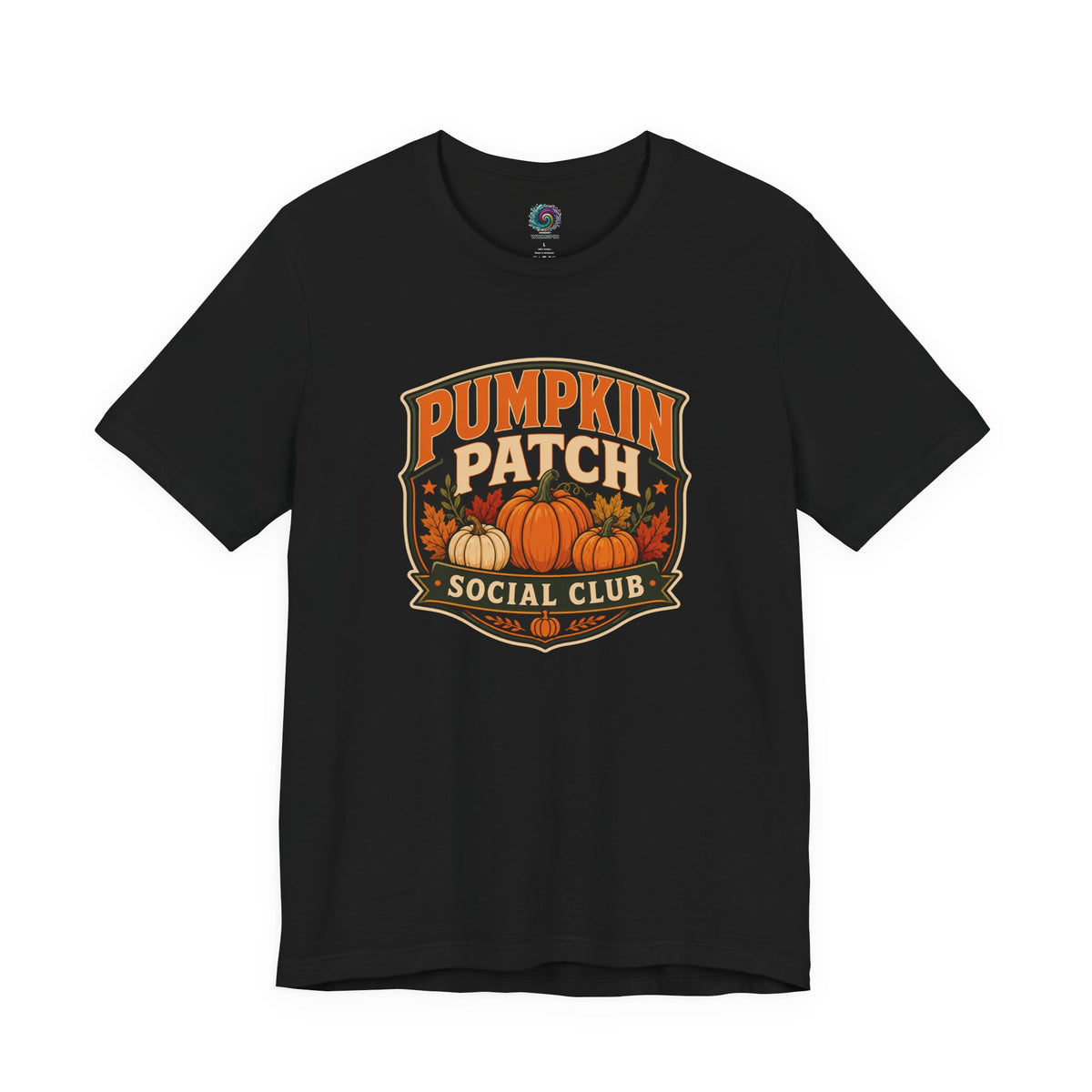 Black graphic T-shirt with Pumpkin Patch Social Club pumpkin logo