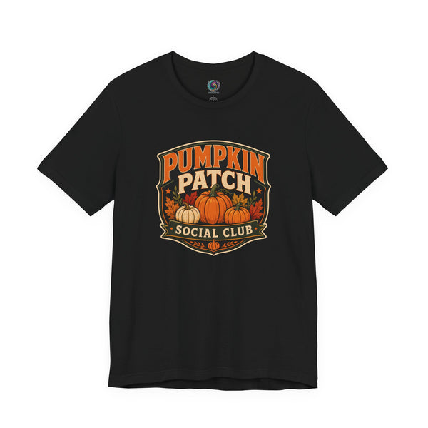 Black graphic T-shirt with Pumpkin Patch Social Club pumpkin logo