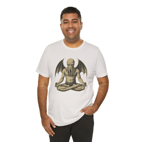 White unisex T-shirt on model, meditating sea monster graphic