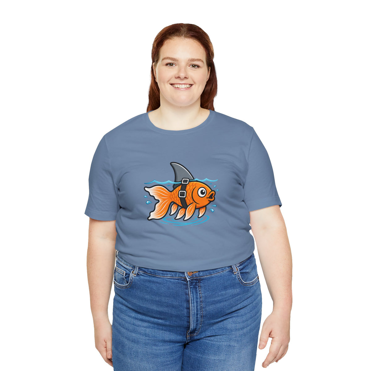 Dusty blue crew-neck t-shirt with orange cartoon goldfish shark swimming graphic