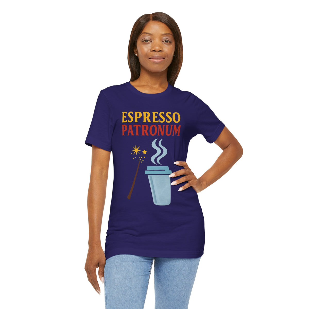 Navy graphic t-shirt with “ESPRESSO PATRONUM” text and steaming coffee cup design