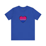 True royal blue bisexual pride heart graphic T-shirt with pink and blue heart design