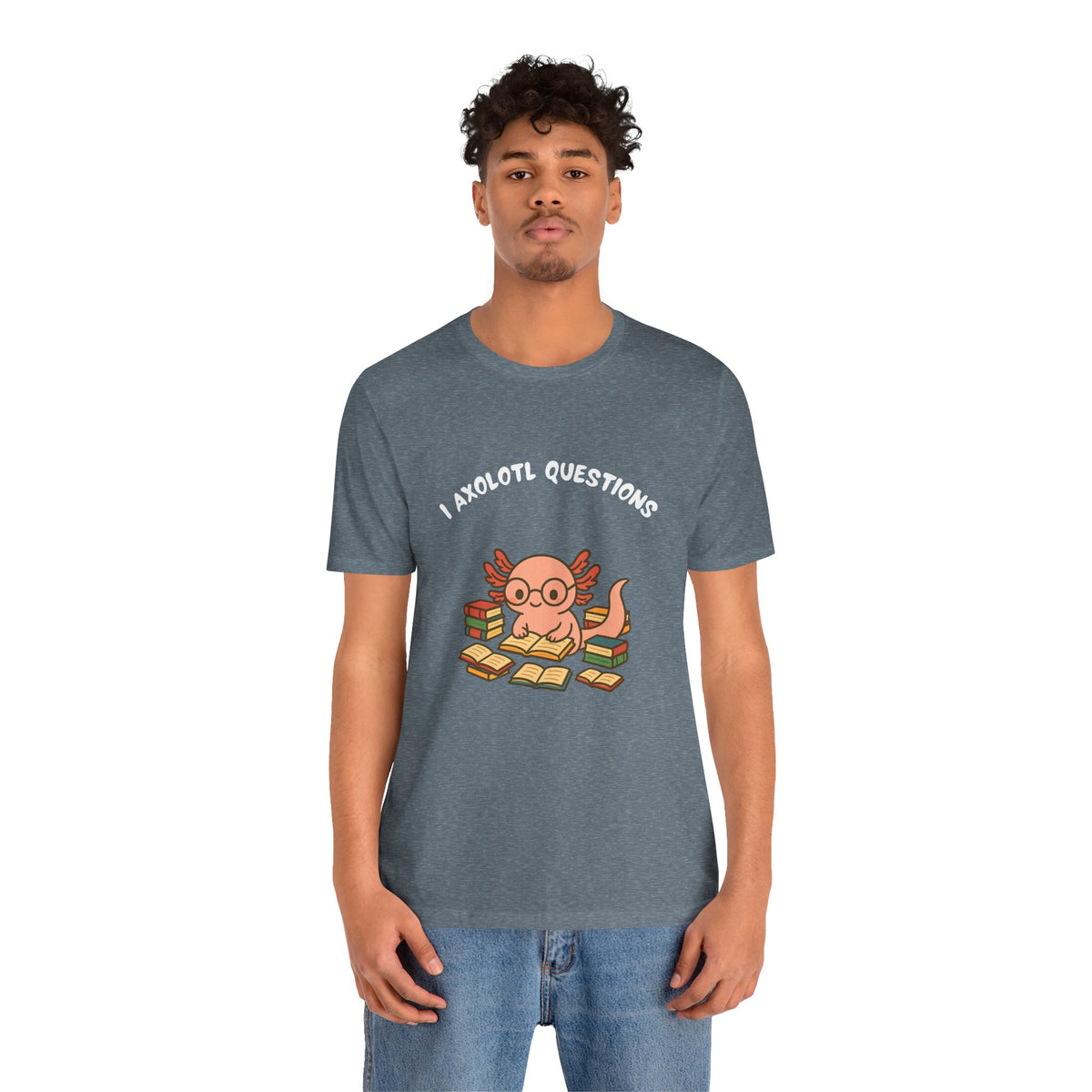 Heather blue-gray crew-neck T-shirt with axolotl reading-books graphic on the chest.