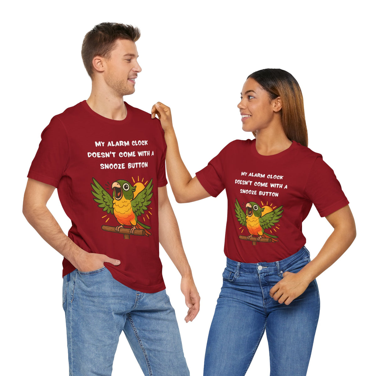 Red parrot alarm slogan t-shirts on two models, front graphic bird and text
