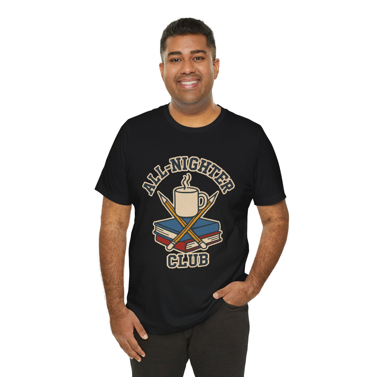 Black crewneck T-shirt featuring All-Nighter Club coffee cup graphic