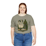 Heather grey crew-neck T-shirt with front graphic print on a smiling female model, short sleeves
