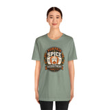 Sage green crewneck t-shirt with Pumpkin Spice Recruitment Committee logo graphic, front view