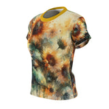 Watercolor floral print T-shirt with yellow crew neck trim and short sleeves