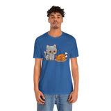 Blue crew neck t-shirt on model, gray cat and turkey cartoon print