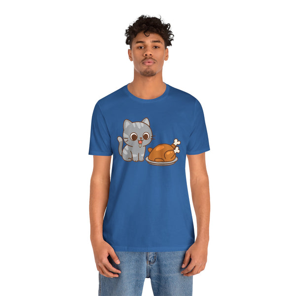 Blue crew neck t-shirt on model, gray cat and turkey cartoon print