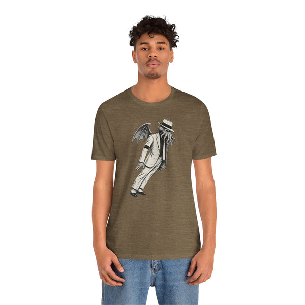 Olive-brown crew-neck t-shirt with gray monster graphic print on the front