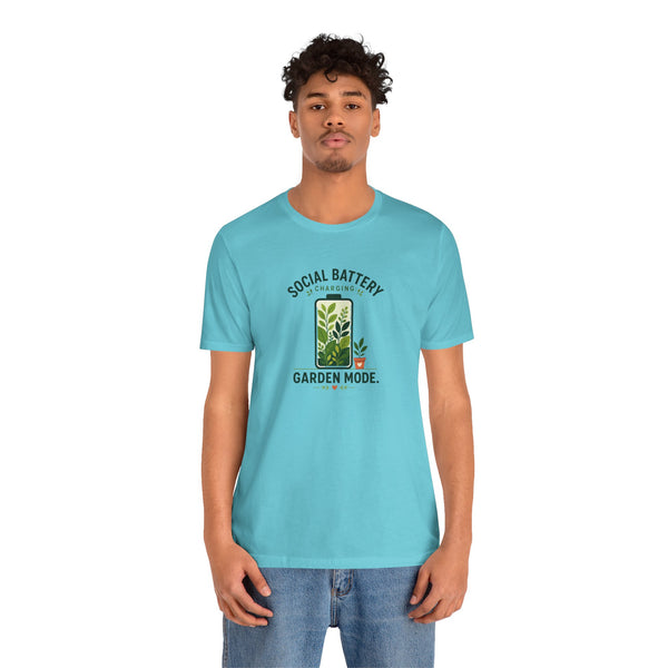 Turquoise short-sleeve T-shirt with garden mode battery graphic on chest