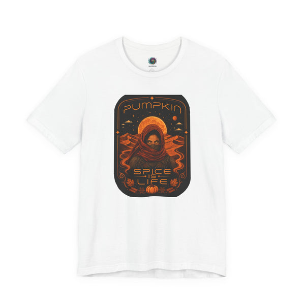 White graphic T-shirt with orange “Pumpkin” sci-fi spice face print on chest