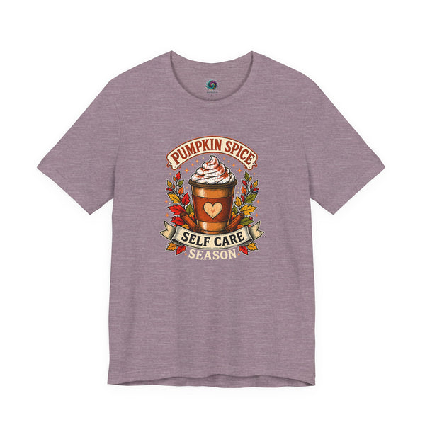 Heather mauve graphic T-shirt with pumpkin spice coffee cup and “Self Care Season” print