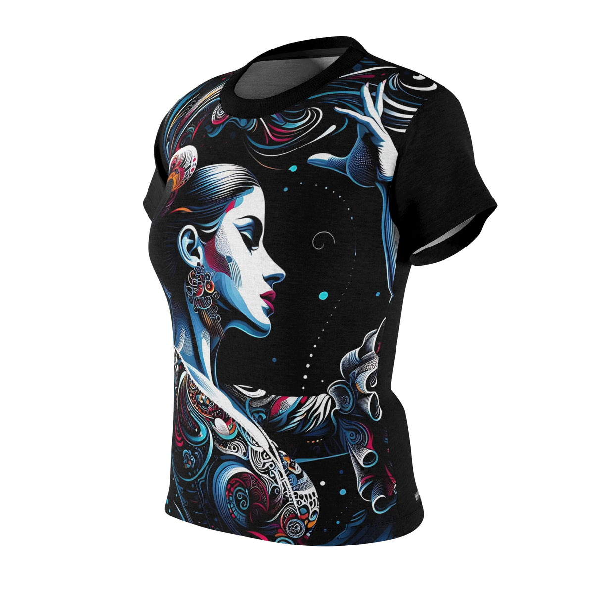 Black graphic t-shirt with side/back portrait artwork in blue and red accents