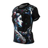 Black graphic t-shirt with side/back portrait artwork in blue and red accents