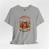Heather gray crew-neck T-shirt with pumpkin spice self-care coffee graphic