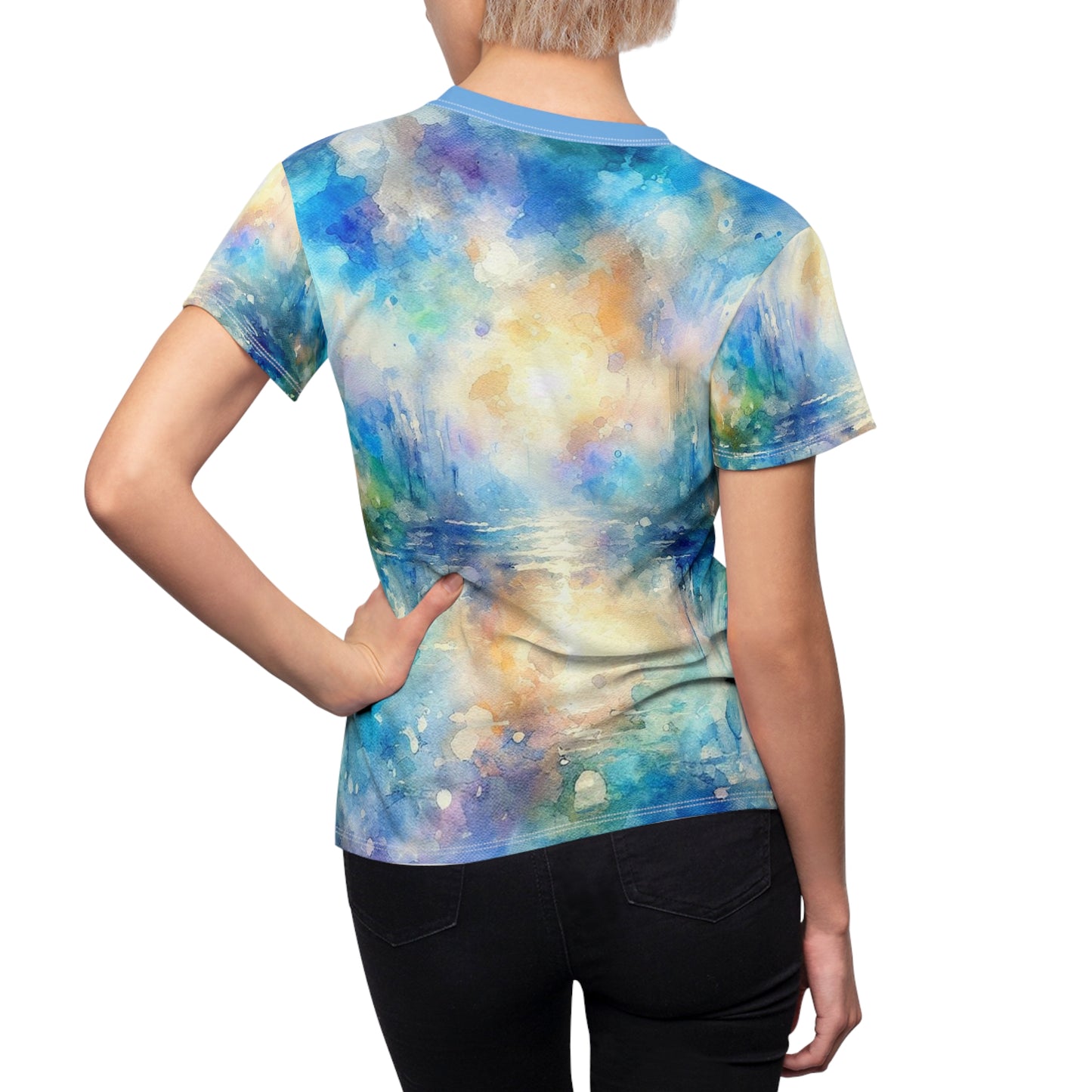 Watercolor Dream Tee – Sunset Lake Serenity for Women