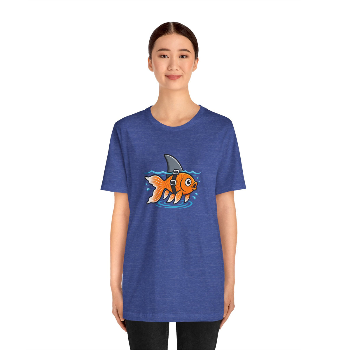 Blue crewneck t-shirt with centered orange fish-and-shark graphic, short sleeves