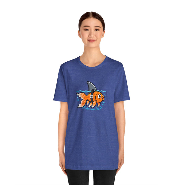 Blue crewneck t-shirt with centered orange fish-and-shark graphic, short sleeves