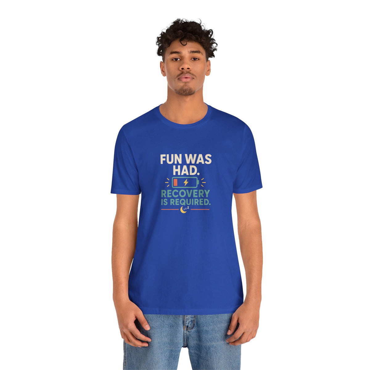 Royal blue crew-neck T-shirt with "Recovery is required" message graphic on chest